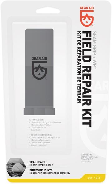 Gear Aid Field Repair Kit 'Kit De Reparation De Terrain' product package with description 'Seal leaks, repair camping gear'.