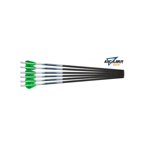 Excalibur Green fletching Proflight Carbon Fiber Arrows in 16.5 inch sizing. The shaft is white and black.