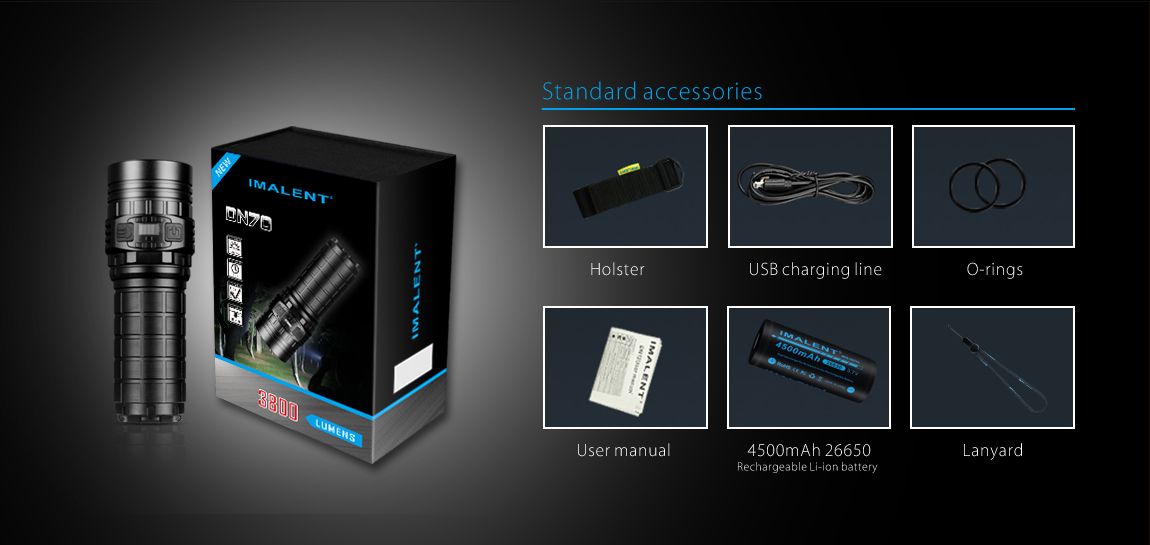 The Imalent Dn 70 Product box contents: holster, usb charging line, O-rings, User Manual, 4500mAh 26650 Rechargeable Li-ion battery, and lanyard.