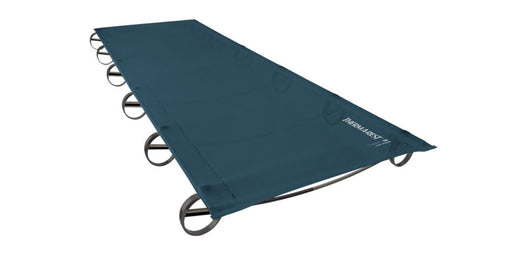 Thermarest LuxuryLite Mesh cot for camping and hunting. The mesh is a ocean blue colour with the Thermarest logo on the side.