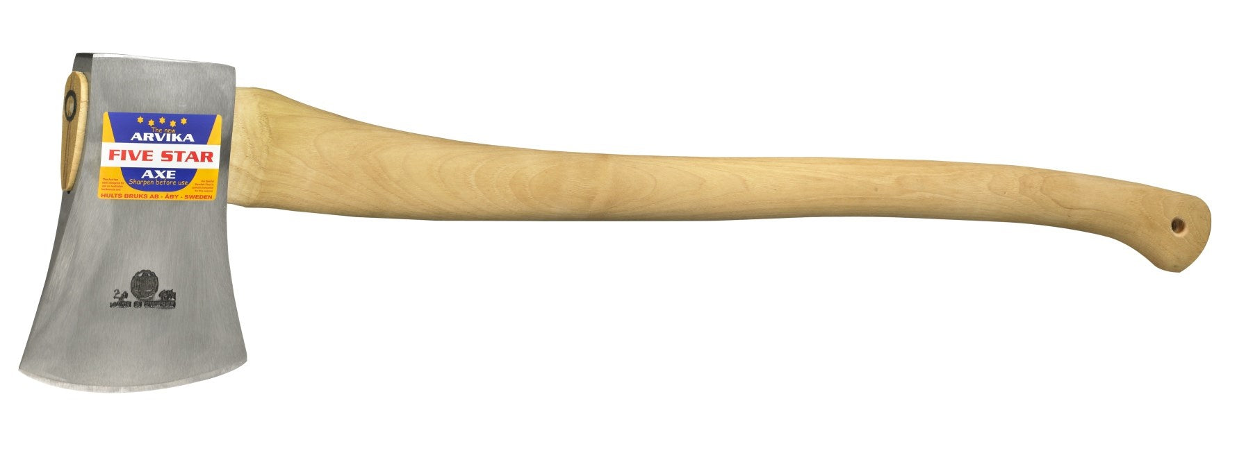 Arvika Large Agdor Felling Axe. The axe head is a stainless steel look and the shaft appears to be made out of maple.