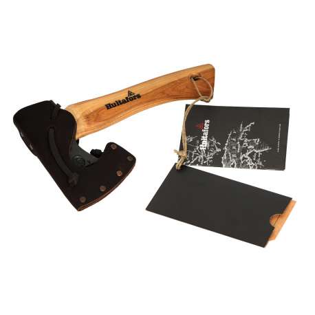 Premium Hultafors Agelsjon Mini Hatchet with a black leather sheath and an American HIckory shaft. Attached is the product tag and manual.