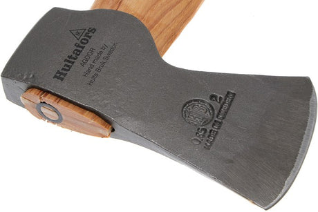 Head of the Hultafors Felling Axe HY 20 with 0.85 HB 2 and Made in Sweden engraved on it.