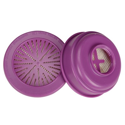 A pair of purple Cartridge Respirator Filters for North and Honeywell Respirators on a white background.