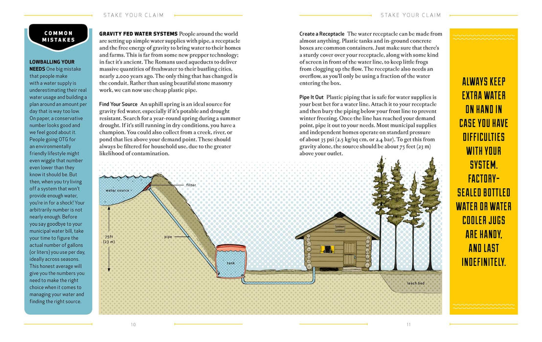 Instructions on building a Gravity fed Water system in the Outdoor life series 'how to survive off the grid' book.