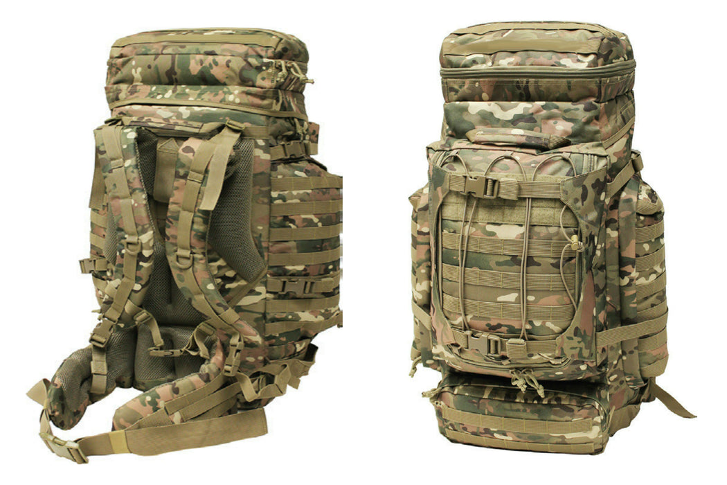 Mil-Spex Large 85 Litre Backpack with a classic army green camouflage. The back and front of the bag are shown, highlighting the storage compartments and the thick comfortable shoulder straps for long travel.