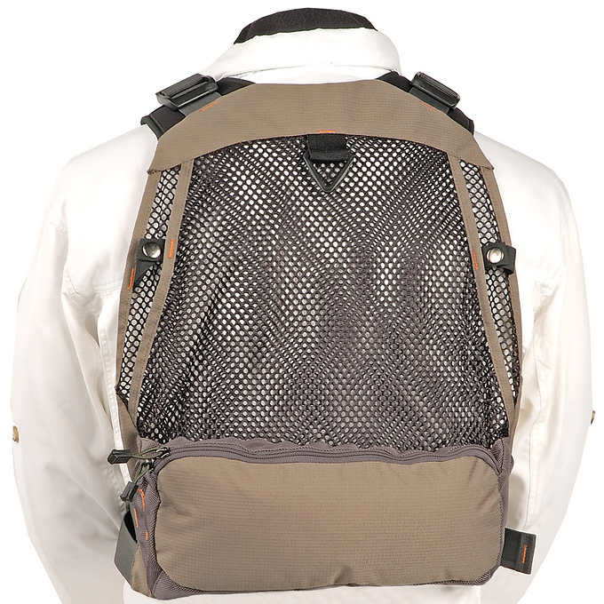 The back ventilators and fishing net attachment points of the Bushline Outdoors Aparaho Fishing Vest.