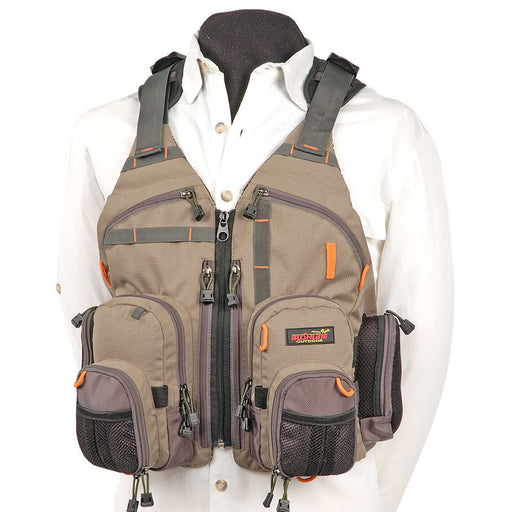 The Bushline Outdoors Aparaho Fishing Vest in a tan color on a mannequin wearing a white linen shirt. The 10 pockets of the vest are shown with the Bushline Outdoor logo stamped on the right pocket section.