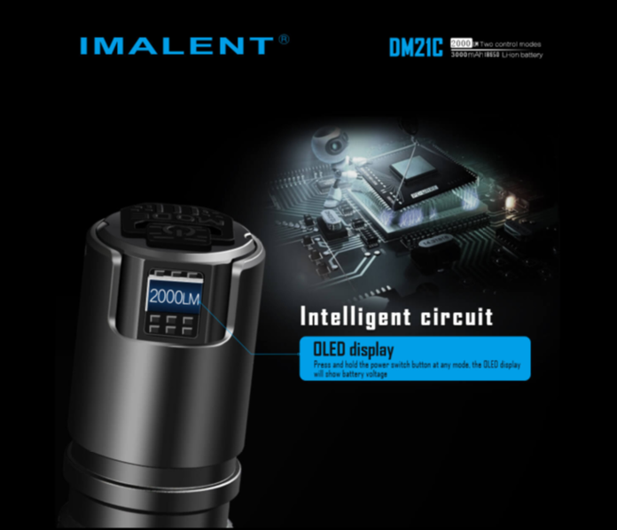 The OLED display is shown on the Imalent Dm21c flashlight showing the lumen rating of 2000.