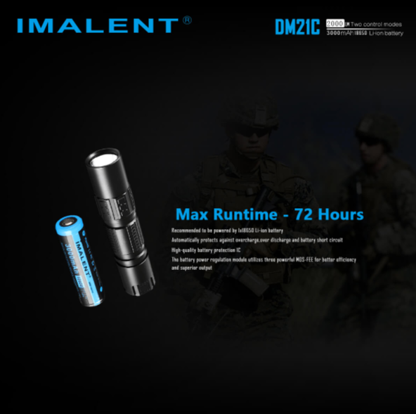 Imalent DM21C EDC Flashlight's 'Max Runtime - 72 hours' with the flashlight compared to a double a battery and two military men in  hte background wearing helmets.