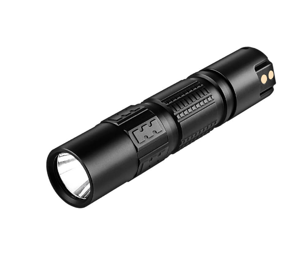 DM21C EDC Flashlight from IMALENT in matt black with the usb magnetic charge port showing and the 2,000 lumen lense exposed in front. Black ridged grips are edged around the flashlight body.
