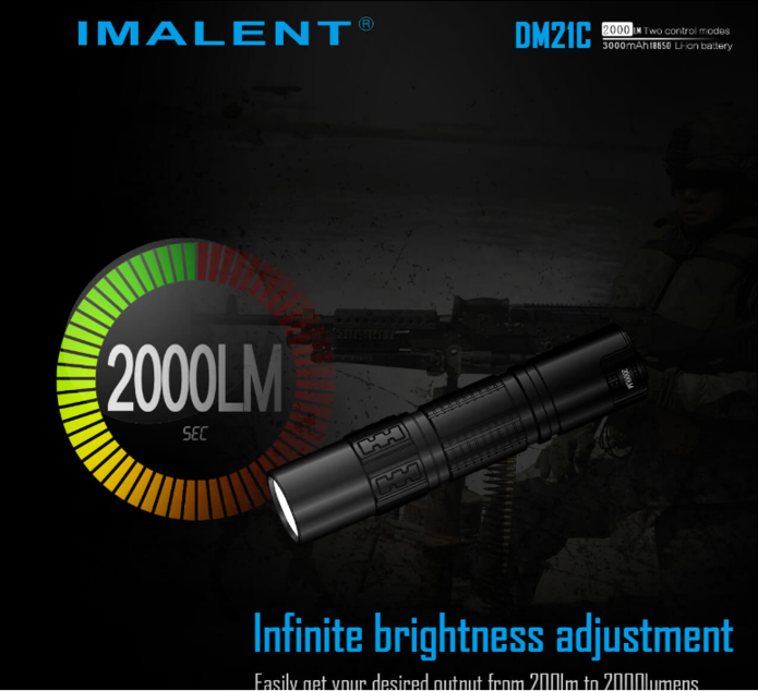 Imalent dm21c infinite brightness adjustment at 2000lm with a soldier holding a heavy machine gun in the background.