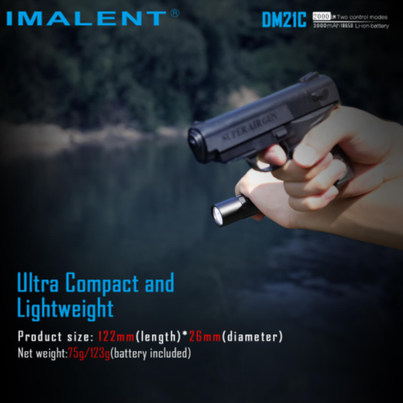 DM21C EDc Flashlight in tactically held in 1 hand with a pistol in the other. The description 'Ultra compact and Lightweight' is show with product spec.
