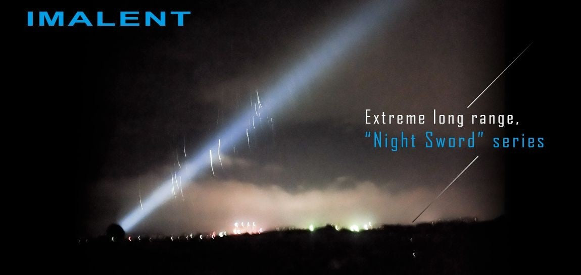 Imalent R90c night leader being demonstrated during a rainy night shooting the beam into the sky. The description 'extreme long range'.