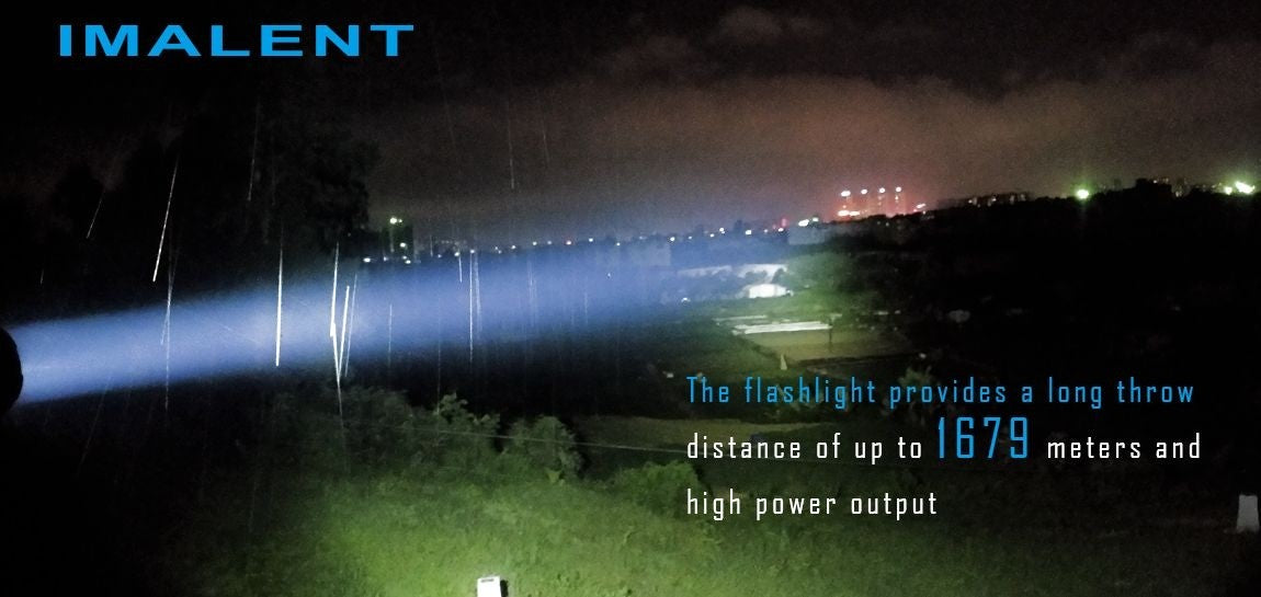 Imalent r90c night leader flashlight being demonstrated at night during a downpour.