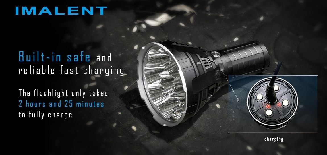 R90C Night Leader Flashlight Charging port with description 'only takes 20 hours and 25 minutes for a full charge'.
