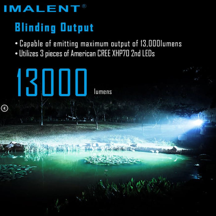 The Imalent ms03 being used to light up a pond at night, the description 'utilizes 3 pieces of American Cree XHp70 2nd Leds'.