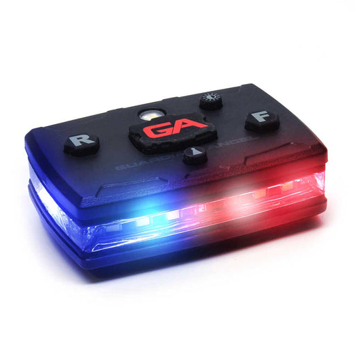 Guardian Angel Law Enforcement Light, the lighting shows Red and Blue colouring, the top of the device has lock, brightness level, rear, and front lighting modes.