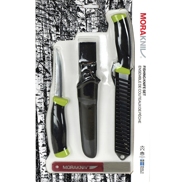 Product package of the Morakniv Fishing Knife set with a black and white image of poplar trees on the package.