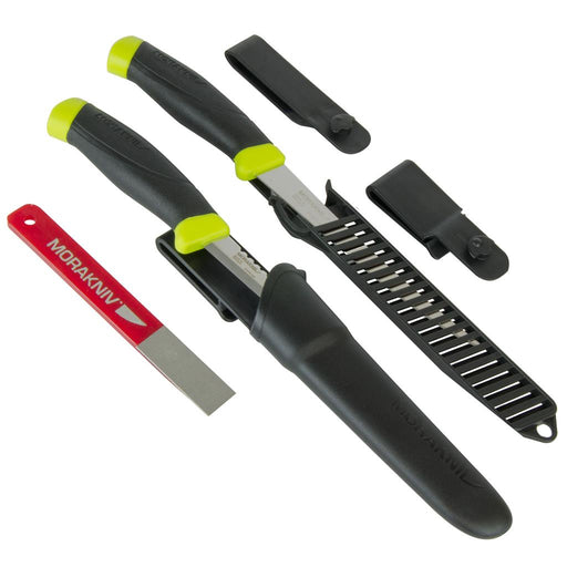 morakniv fishing Knife Set in lime green and black with a red fine grit sharpener. Both knives come with a black sheath, the filleting knife has an open ribbed design. All components are on a white background.