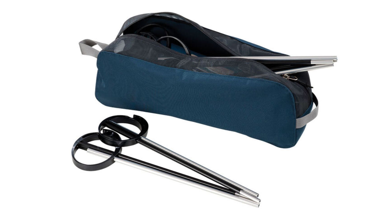 Complitmentary Tool Bag of the Thermarest Luxury Lite Mesh Cot in blue with the aluminum rods sticking out of the bag.