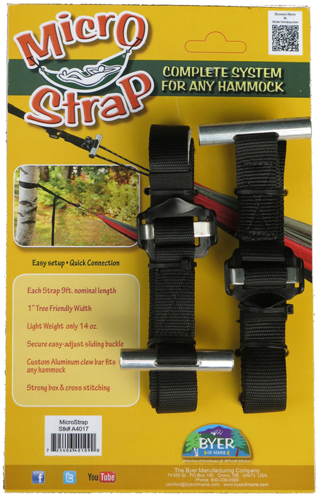 Microstrap for hanging hammocks on trees. The product box has an image of the strap wrapped around the tree and connected to the hammock end loop. The package is a gold colour with a green banner and red text logo.