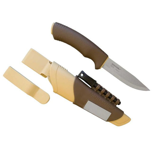 Morakniv Bushcraft stainless steel survival knife with an attached fire starter on the sheath of the blade. The sheath is a cream colour with a brown attachment for the fire striker. The blade handle is brown and curved to fit into someones hand.