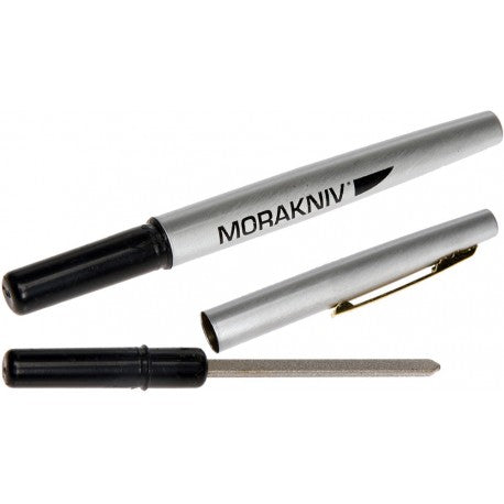 Pen designed Diamond Sharpener from Morakniv. The sharpener is shown out of the pen lid, the pen lid is a grey finish with the handle being black.