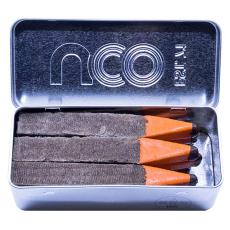 NCO Behemoth Stormproof Giant matches for fire starting and striking. The matches are an orange colour placed in a tin box with the NCO logo engraved.