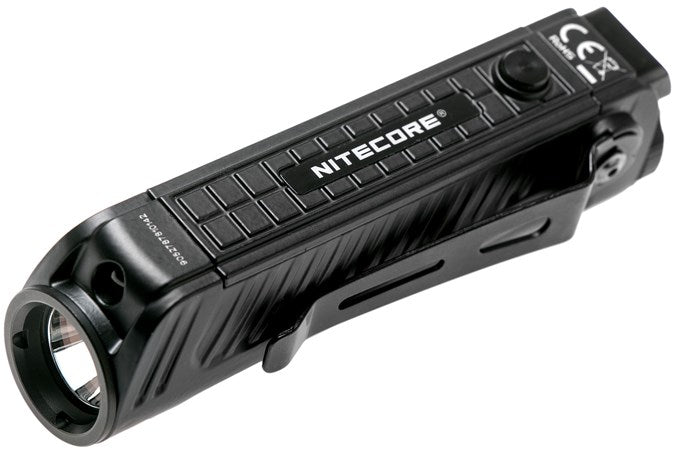 Nitecore p18 LED flashlight in black with belt clip and single power button.