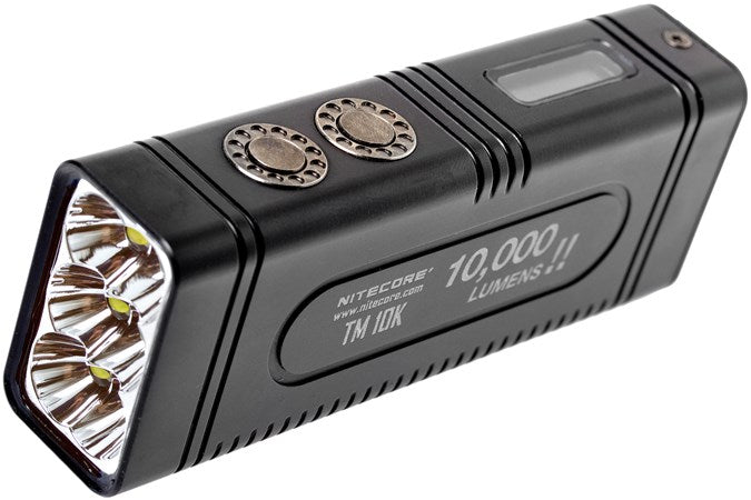 Nitecore TM10K 10,000 lumen usb c flashlight in black with an led battery indicator on the side.