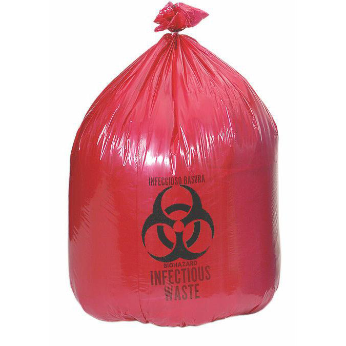 Bright Red Infectious Waste Biohazard Disposal Bag witht he Biological Hazard emblem in black on the bag.