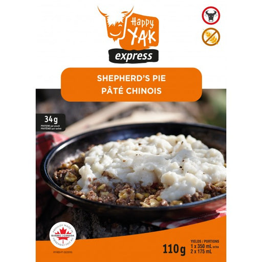 Happy Yak Express Shepherd's Pie 'Pate Chinois' with the labels 'Beef' and 'wheat free' in the top right corner.