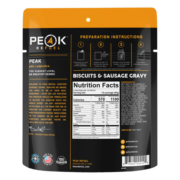 peak refuel biscuits & sausage gravy nutrition facts
