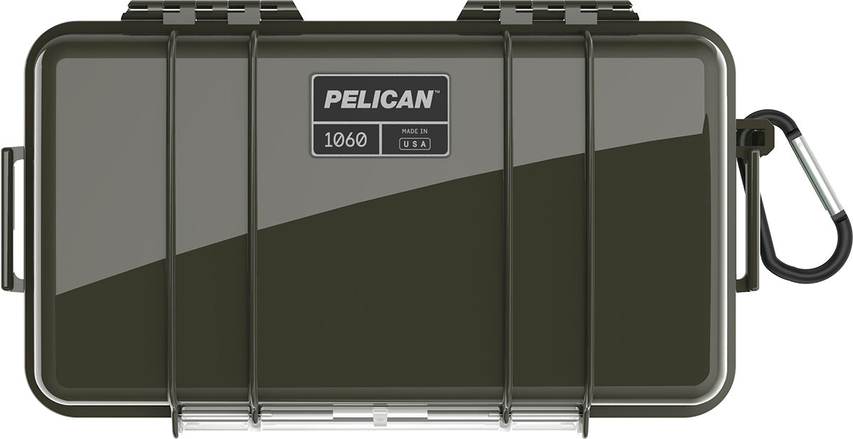 Pelican 1060 Micro Case in green with attached carabiner.