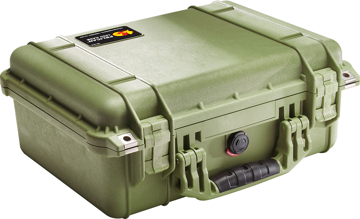 Pelican 1450 Protector Case in a kiwi green. The handle has a black rubberized grip, the latches are a hard plastic and the hardware around them is stainless steel.
