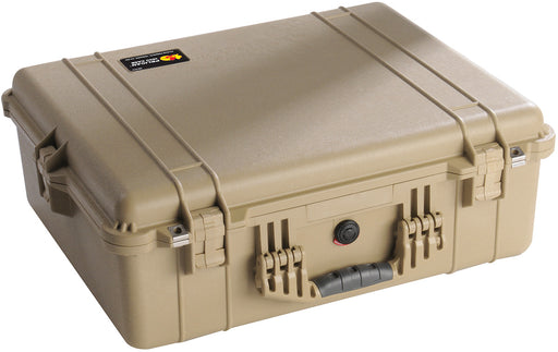 A beige coloured Pelican 1600 Protector Case for valuable equipment. The stainless steel hardware and black rubberized handle grip are shown.