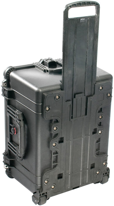 The roller wheel suit case design of the Pelican 1620 Protector Case in Black. 