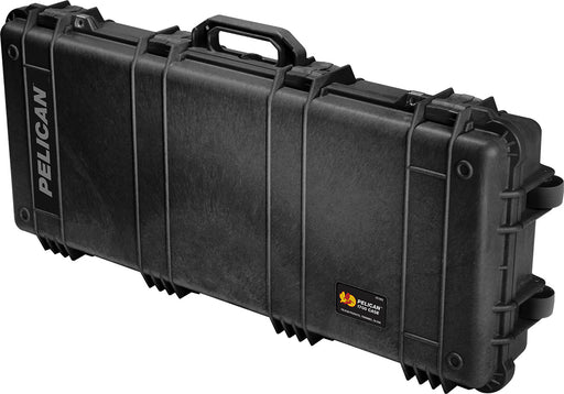 Pelican 1700 Rifle or Shotgun Case in Black with roller wheels on the right side for easy transport.