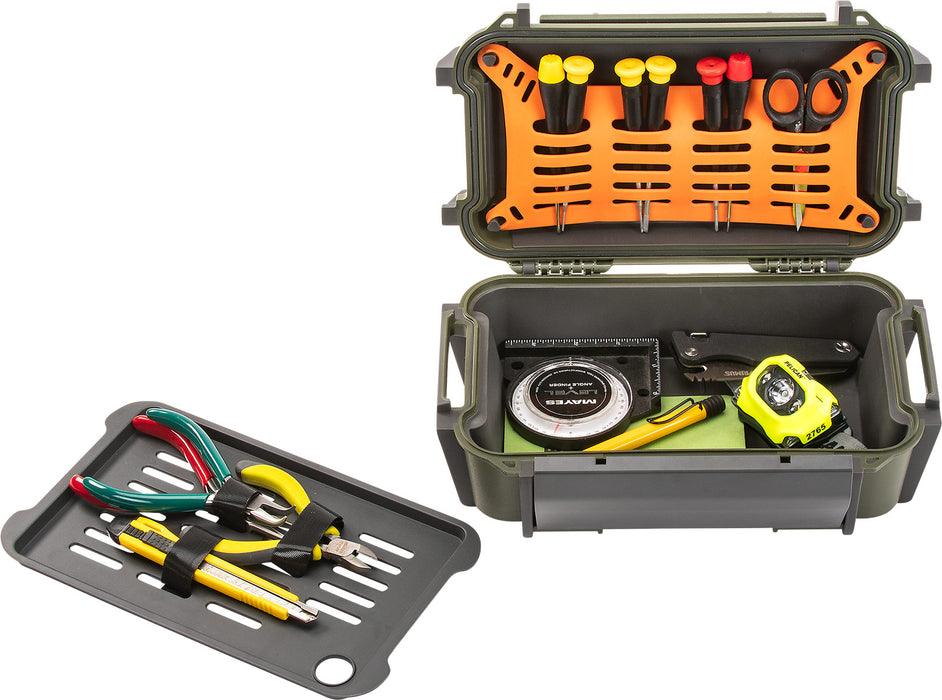 The Pelican R60 Personal Utility Ruck Case full of plyers, screwdrivers, a flashlight, box cutter, and folding knife.