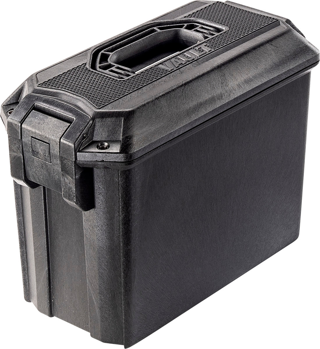 Pelican VCV250 Vault Ammo Case in Black. A large latch on the left side and concealable handle bar on the top.