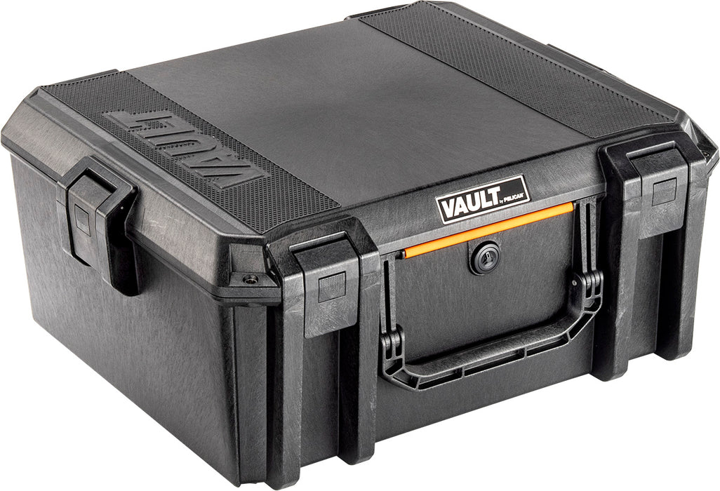 Pelican V600 Vault series gun case in black with an orange handle bar. The name Vault is engraved into the top of the case.
