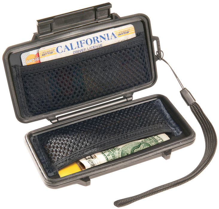 Pelican 0955 sport wallet with a california drivers license in the side mesh pocket and american cash. A lanyard is attached to the cases outer shell.