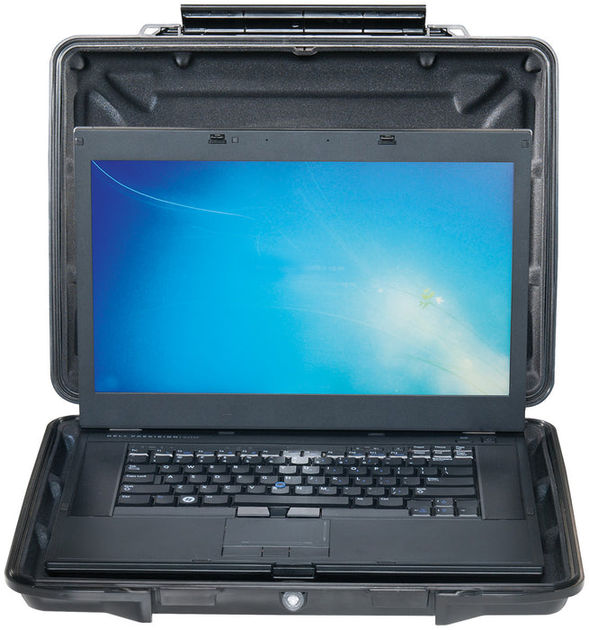 An opened 15 inch laptop in a Pelican 1095 HardBack Laptop Protective Case.