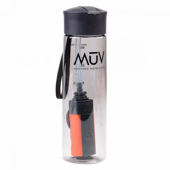 Muv Nomad Water bottle filter is hown in the clear Muv bottle. The filter is attached to a clear hose and is an orange and grey design.