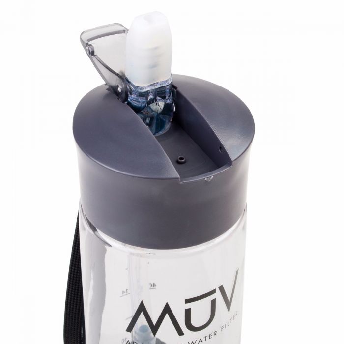 The drinking spout of the MUV Nomad filtration bottle. The spout is white and the bottle cap is grey.