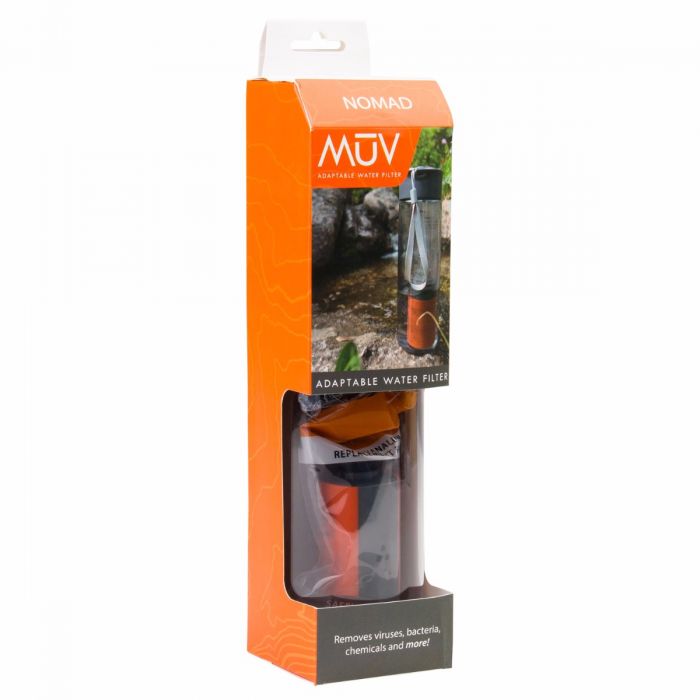 MUV Nomad Water Bottle Filter product package in orange and grey. The bottle is shown on a riverside with the lanyard hanging down in white.