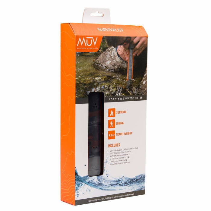 Muv suvivalist water flitration product package. On the package a man wearing orange shaded sunglasses is drinking from a creek using the filtration system.