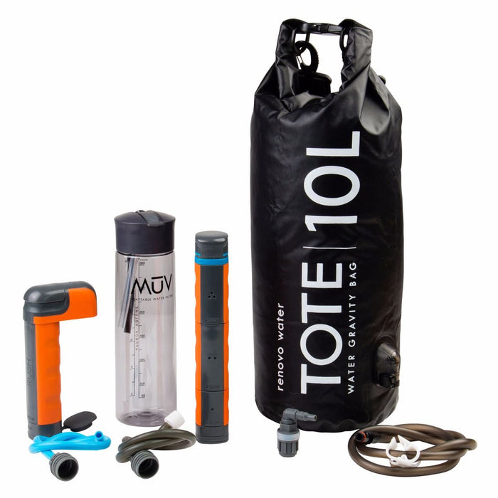 Muv Eclipse Water Filter System with a 10 L Tote bag in black. the filter replacements are orange and grey, the water bottle is a clear grey colour and the filtration hose is brown.