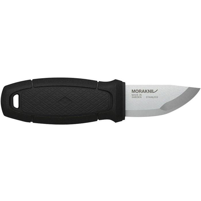 Morakniv Eldris Mini-Neck Knife with a black gripped handle and a stainless steal blade on a white background.